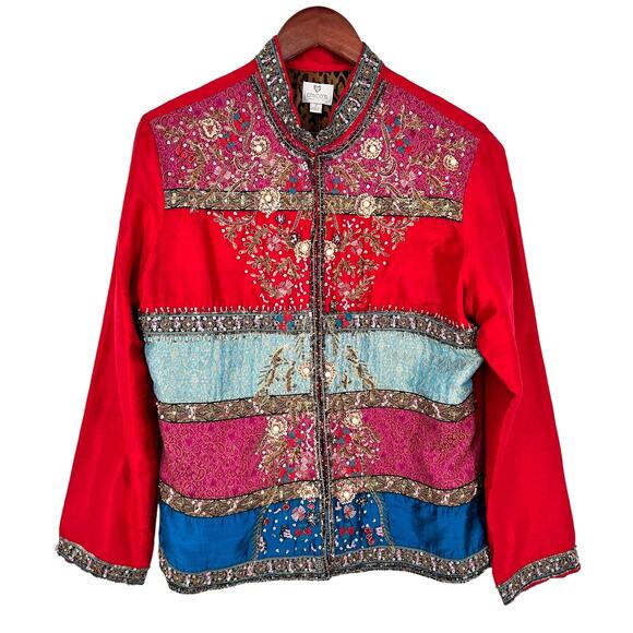 Chico's Tops - Chicos 2 Large Red Heavily Beaded SILK Wearable Jacket Blouse Shirt Top Artsy